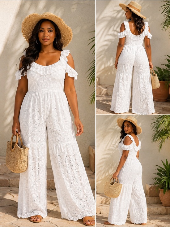 Fashion Nova Pants - Fashion Nova White Eyelet Cold-Shoulder Wide-Leg Jumpsuit Ptp 16”